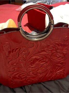 Patricia Nash Red Embossed Floral Tote with Round Metal Handles